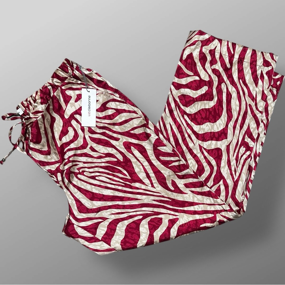 NWT Liz Claiborne Size 16 Wide Leg Pants Red Cream Zebra Print 31” Inseam